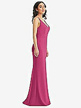Side View Thumbnail - Tea Rose Skinny Strap Deep V-Neck Crepe Trumpet Gown with Front Slit