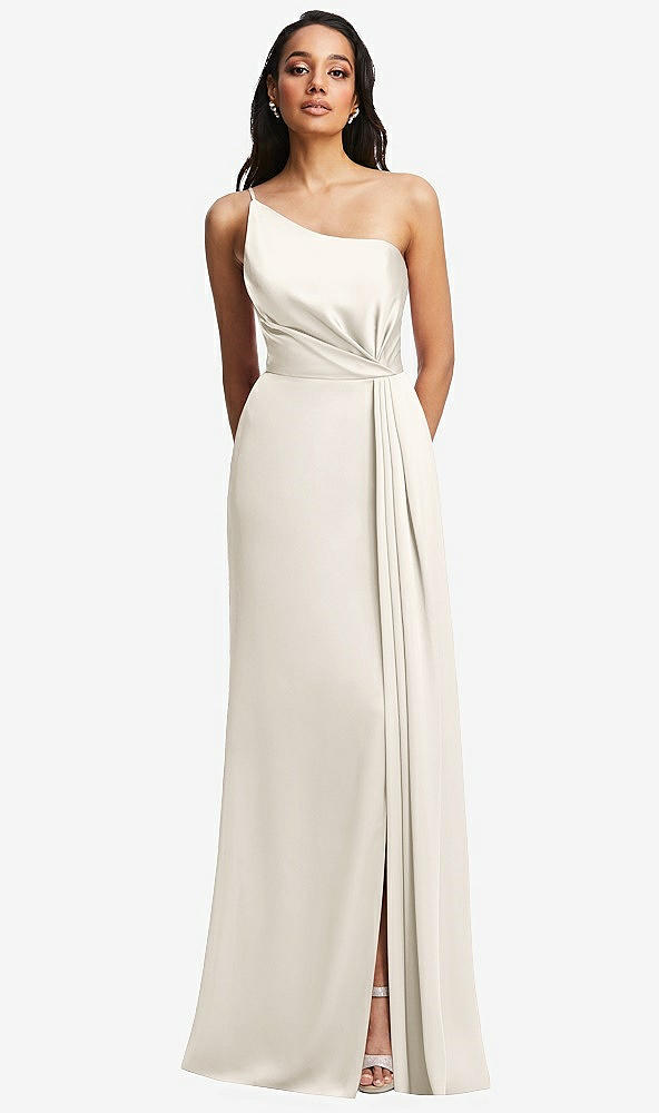 Front View - Ivory One-Shoulder Draped Skirt Satin Trumpet Gown