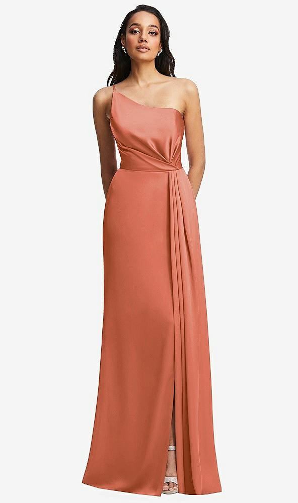 Front View - Terracotta Copper One-Shoulder Draped Skirt Satin Trumpet Gown