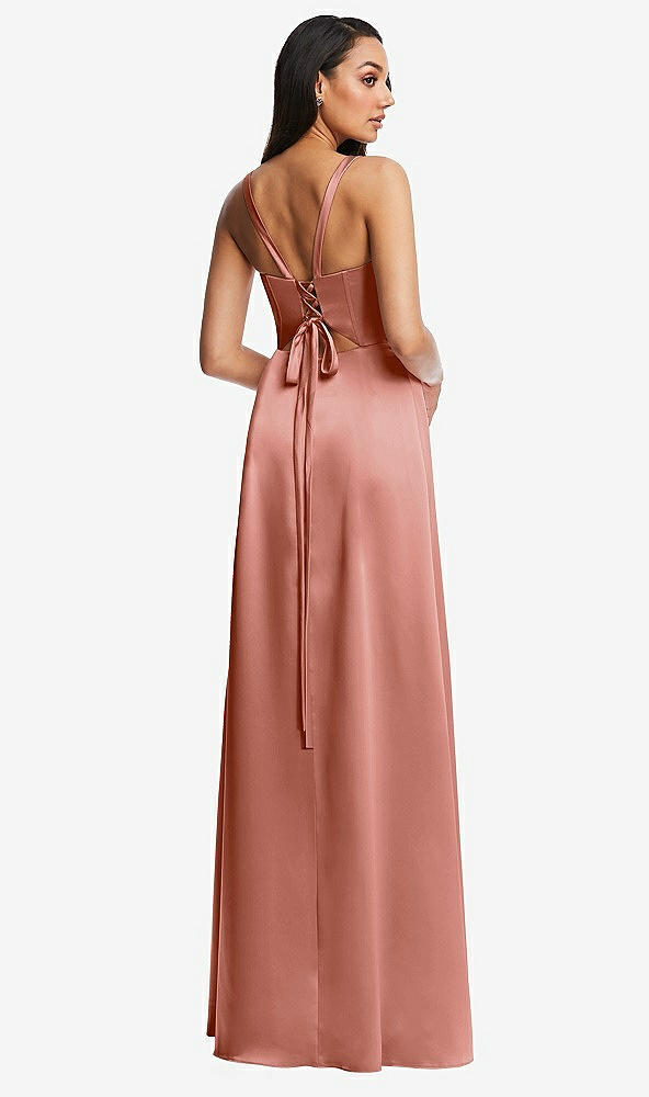 Back View - Desert Rose Lace Up Tie-Back Corset Maxi Dress with Front Slit