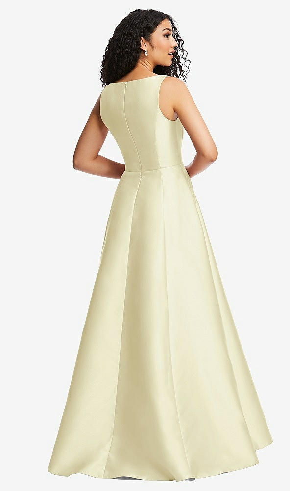 Back View - Butter Yellow Boned Corset Closed-Back Satin Gown with Full Skirt and Pockets