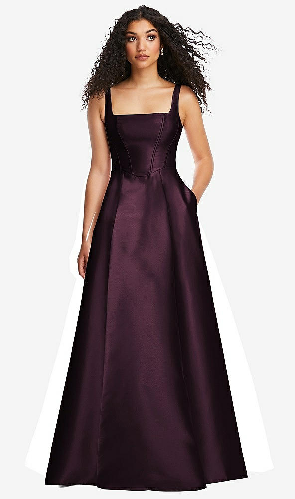 Front View - Deep Plum Boned Corset Closed-Back Satin Gown with Full Skirt and Pockets