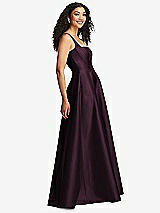 Side View Thumbnail - Deep Plum Boned Corset Closed-Back Satin Gown with Full Skirt and Pockets