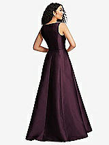 Rear View Thumbnail - Deep Plum Boned Corset Closed-Back Satin Gown with Full Skirt and Pockets