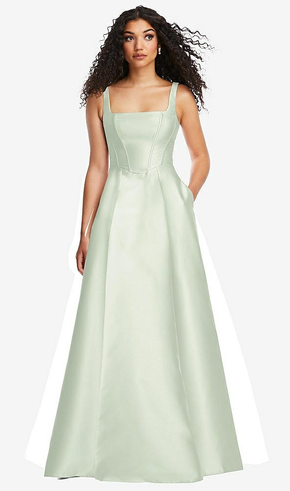 Front View - Mint Green Boned Corset Closed-Back Satin Gown with Full Skirt and Pockets