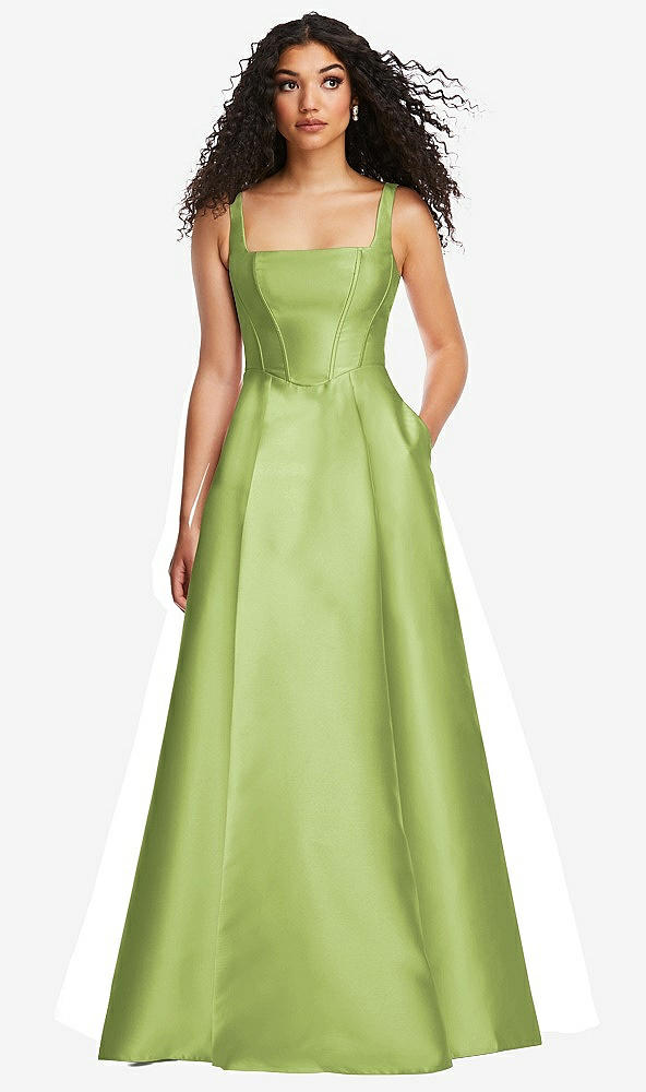 Front View - Mojito Boned Corset Closed-Back Satin Gown with Full Skirt and Pockets