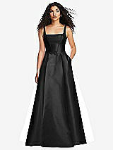 Front View Thumbnail - Black Boned Corset Closed-Back Satin Gown with Full Skirt and Pockets