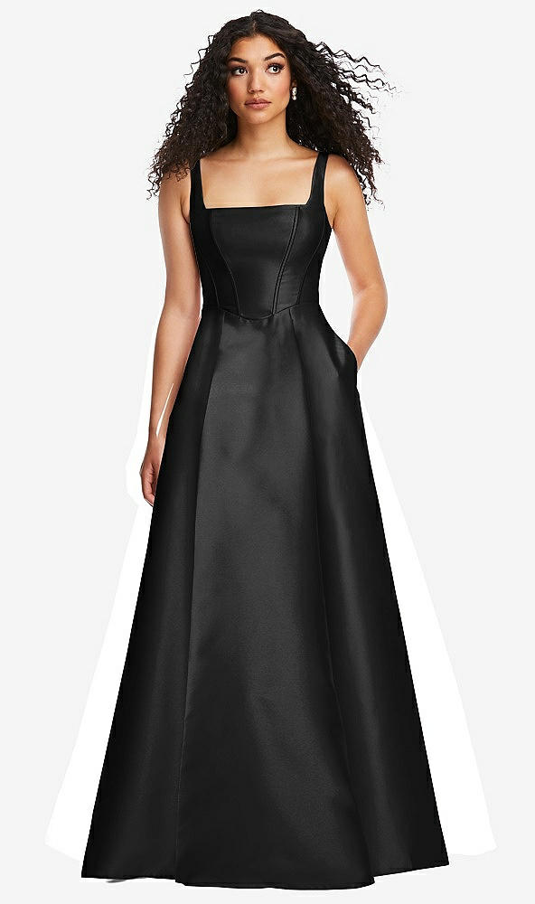 Front View - Black Boned Corset Closed-Back Satin Gown with Full Skirt and Pockets