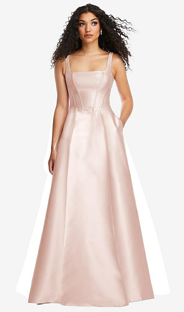 Front View - Blush Boned Corset Closed-Back Satin Gown with Full Skirt and Pockets