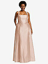 Alt View 1 Thumbnail - Cameo Boned Corset Closed-Back Satin Gown with Full Skirt and Pockets