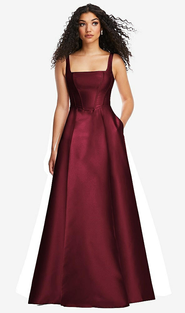 Front View - Cabernet Boned Corset Closed-Back Satin Gown with Full Skirt and Pockets