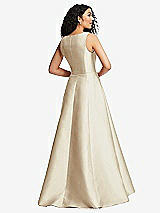 Rear View Thumbnail - Champagne Boned Corset Closed-Back Satin Gown with Full Skirt and Pockets