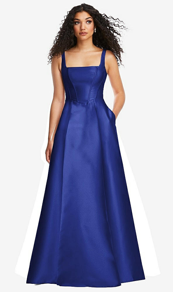 Front View - Cobalt Blue Boned Corset Closed-Back Satin Gown with Full Skirt and Pockets