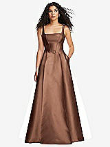 Front View Thumbnail - Cognac Boned Corset Closed-Back Satin Gown with Full Skirt and Pockets