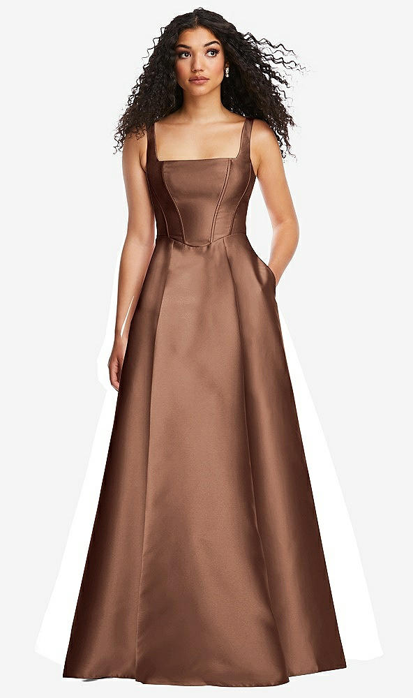 Front View - Cognac Boned Corset Closed-Back Satin Gown with Full Skirt and Pockets