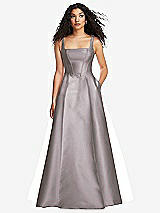 Front View Thumbnail - Cashmere Gray Boned Corset Closed-Back Satin Gown with Full Skirt and Pockets