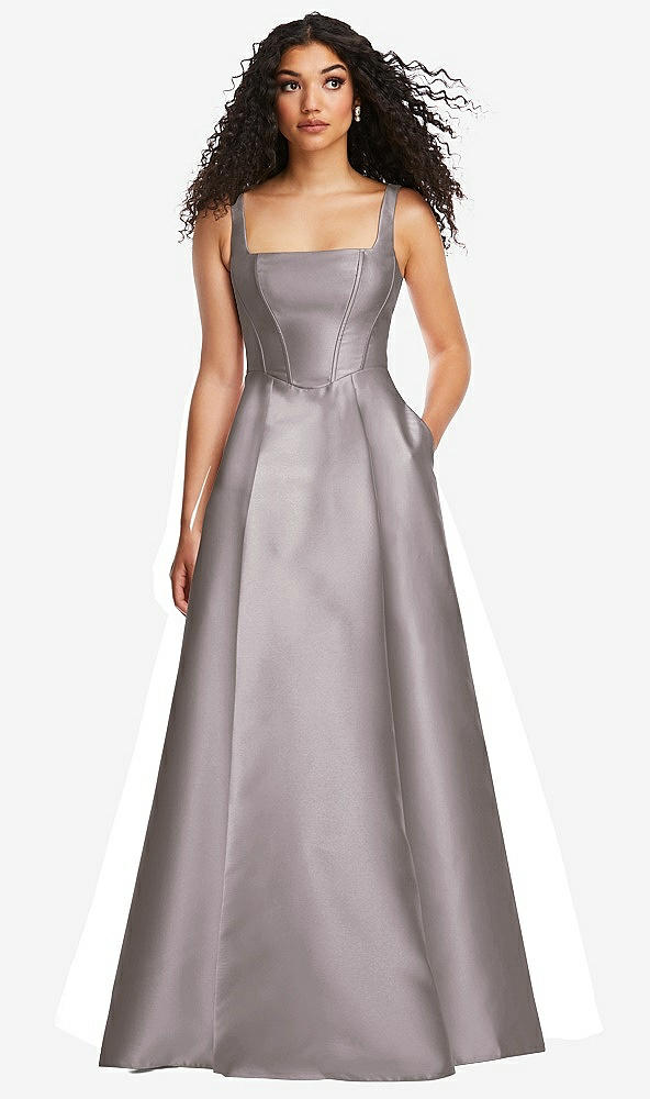 Front View - Cashmere Gray Boned Corset Closed-Back Satin Gown with Full Skirt and Pockets
