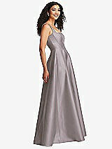 Side View Thumbnail - Cashmere Gray Boned Corset Closed-Back Satin Gown with Full Skirt and Pockets