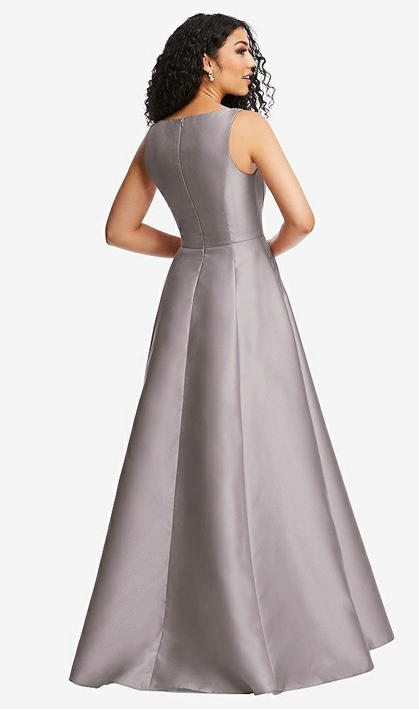 Back View - Cashmere Gray Boned Corset Closed-Back Satin Gown with Full Skirt and Pockets