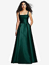Front View Thumbnail - Evergreen Boned Corset Closed-Back Satin Gown with Full Skirt and Pockets