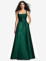 Front View Thumbnail - Hunter Green Boned Corset Closed-Back Satin Gown with Full Skirt and Pockets