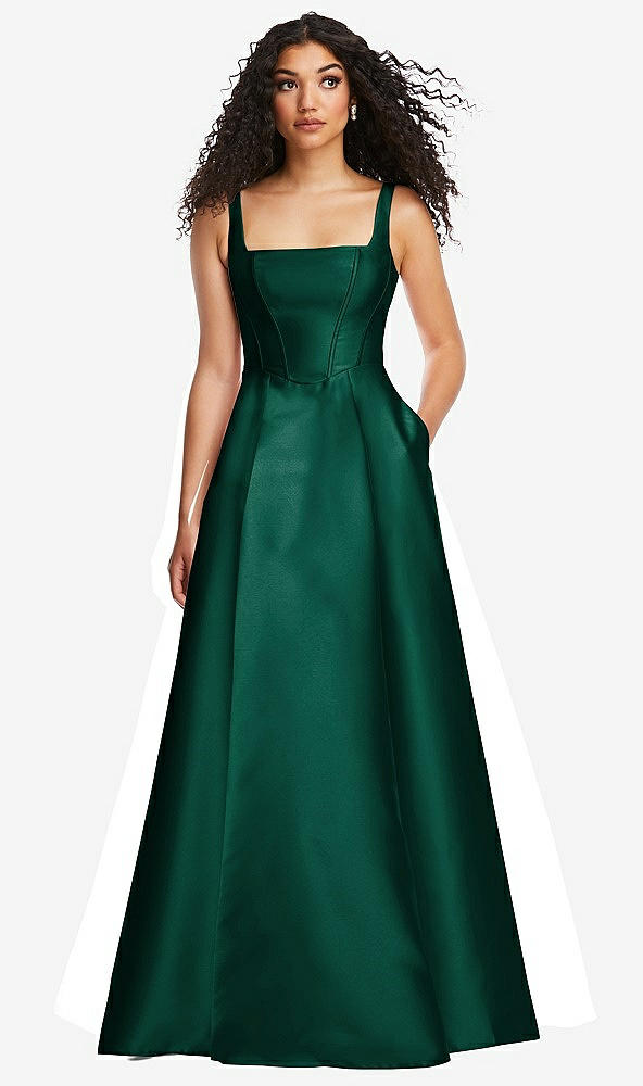 Front View - Hunter Green Boned Corset Closed-Back Satin Gown with Full Skirt and Pockets
