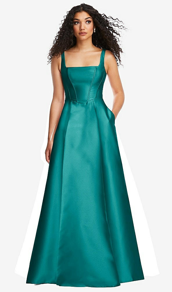 Front View - Jade Boned Corset Closed-Back Satin Gown with Full Skirt and Pockets