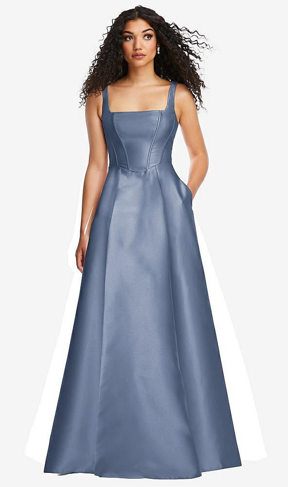 Front View - Larkspur Blue Boned Corset Closed-Back Satin Gown with Full Skirt and Pockets