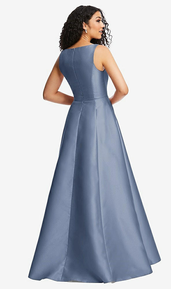 Back View - Larkspur Blue Boned Corset Closed-Back Satin Gown with Full Skirt and Pockets