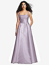 Front View Thumbnail - Lilac Haze Boned Corset Closed-Back Satin Gown with Full Skirt and Pockets