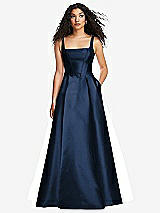 Front View Thumbnail - Midnight Navy Boned Corset Closed-Back Satin Gown with Full Skirt and Pockets