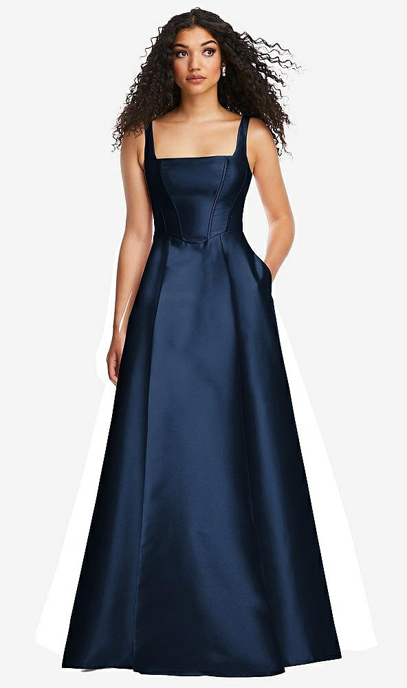 Front View - Midnight Navy Boned Corset Closed-Back Satin Gown with Full Skirt and Pockets