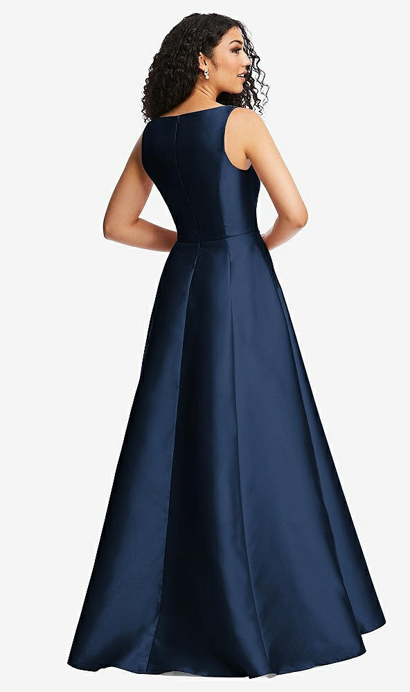Back View - Midnight Navy Boned Corset Closed-Back Satin Gown with Full Skirt and Pockets