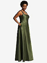Alt View 2 Thumbnail - Olive Green Boned Corset Closed-Back Satin Gown with Full Skirt and Pockets