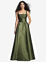 Front View Thumbnail - Olive Green Boned Corset Closed-Back Satin Gown with Full Skirt and Pockets