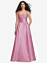 Front View Thumbnail - Powder Pink Boned Corset Closed-Back Satin Gown with Full Skirt and Pockets