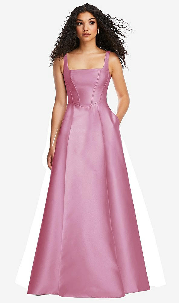 Front View - Powder Pink Boned Corset Closed-Back Satin Gown with Full Skirt and Pockets