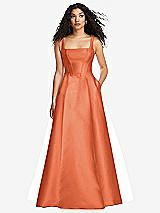 Front View Thumbnail - Portofino Orange Boned Corset Closed-Back Satin Gown with Full Skirt and Pockets