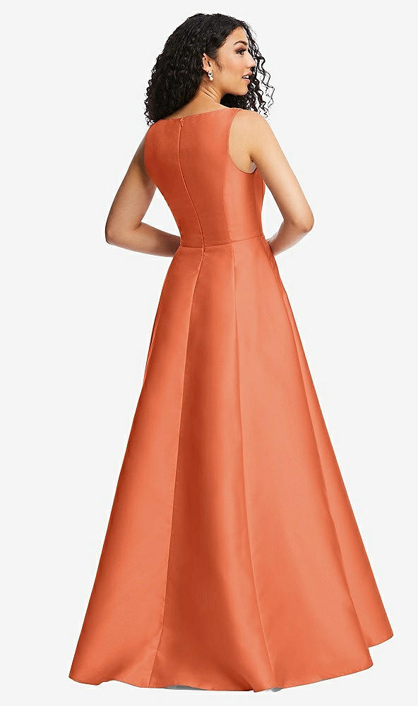Back View - Portofino Orange Boned Corset Closed-Back Satin Gown with Full Skirt and Pockets