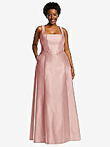 Alt View 1 Thumbnail - Rose Boned Corset Closed-Back Satin Gown with Full Skirt and Pockets