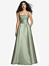 Front View Thumbnail - Sage Boned Corset Closed-Back Satin Gown with Full Skirt and Pockets