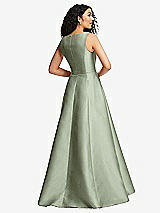 Rear View Thumbnail - Sage Boned Corset Closed-Back Satin Gown with Full Skirt and Pockets