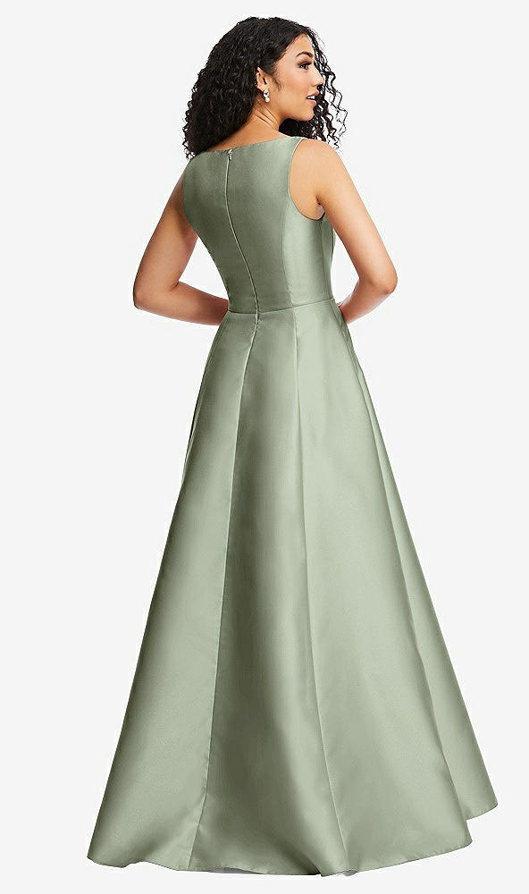 Back View - Sage Boned Corset Closed-Back Satin Gown with Full Skirt and Pockets