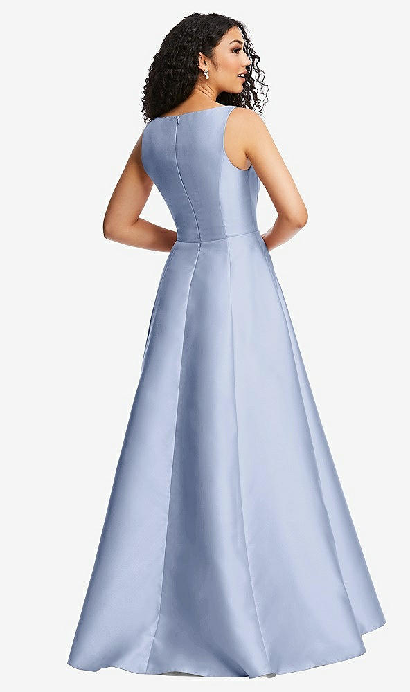 Back View - Sky Blue Boned Corset Closed-Back Satin Gown with Full Skirt and Pockets