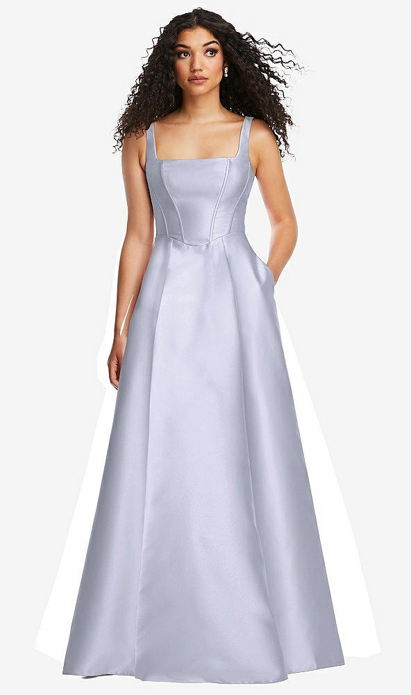 Front View - Silver Dove Boned Corset Closed-Back Satin Gown with Full Skirt and Pockets