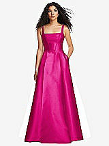 Front View Thumbnail - Think Pink Boned Corset Closed-Back Satin Gown with Full Skirt and Pockets