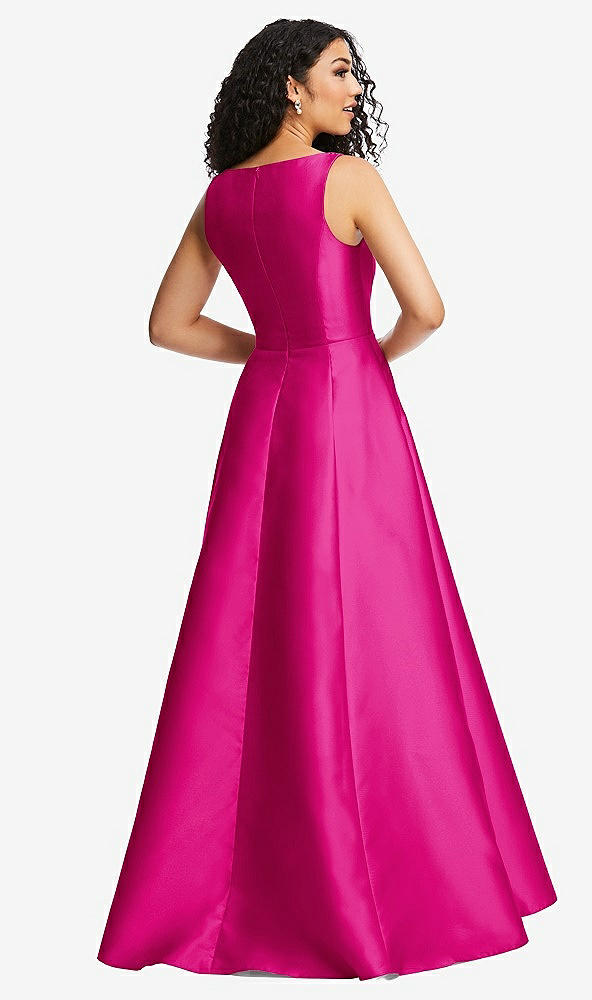 Back View - Think Pink Boned Corset Closed-Back Satin Gown with Full Skirt and Pockets