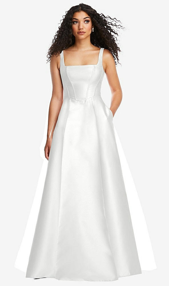 Front View - White Boned Corset Closed-Back Satin Gown with Full Skirt and Pockets