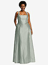 Alt View 1 Thumbnail - Willow Green Boned Corset Closed-Back Satin Gown with Full Skirt and Pockets