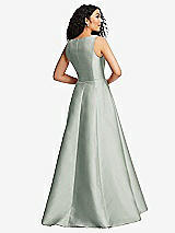 Rear View Thumbnail - Willow Green Boned Corset Closed-Back Satin Gown with Full Skirt and Pockets